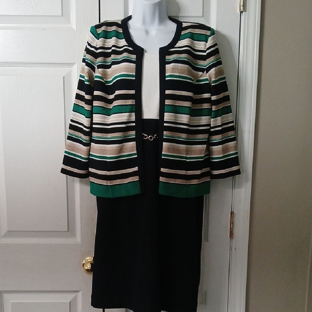 Studio One New York 2pc Striped Green and Black Dress Set  Sz 12 EUC